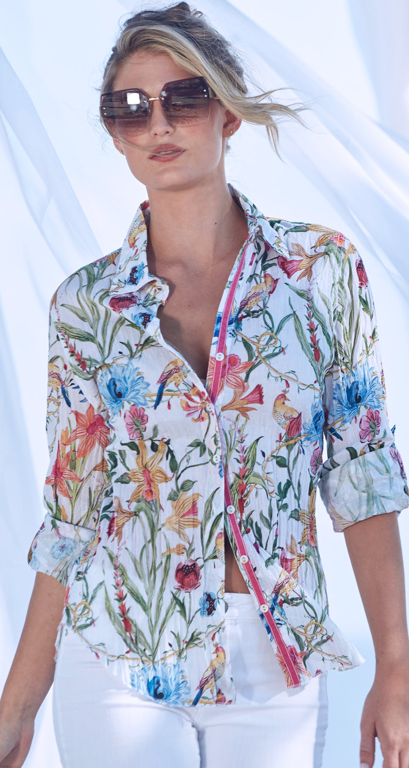 A model wears a CINO Wildflower white button-down