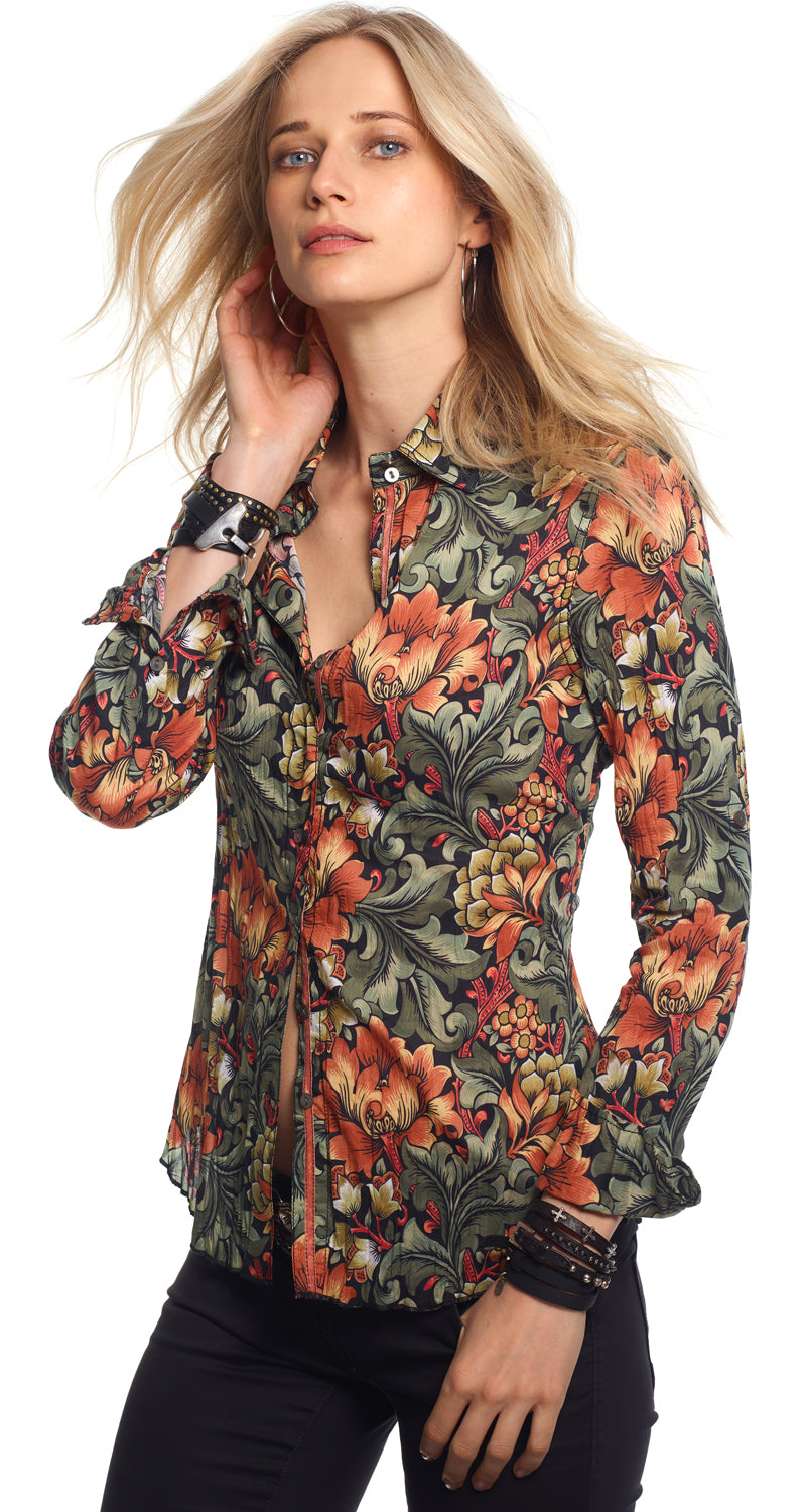 A model wears a CINO Tikal Papaya button-down Shirt