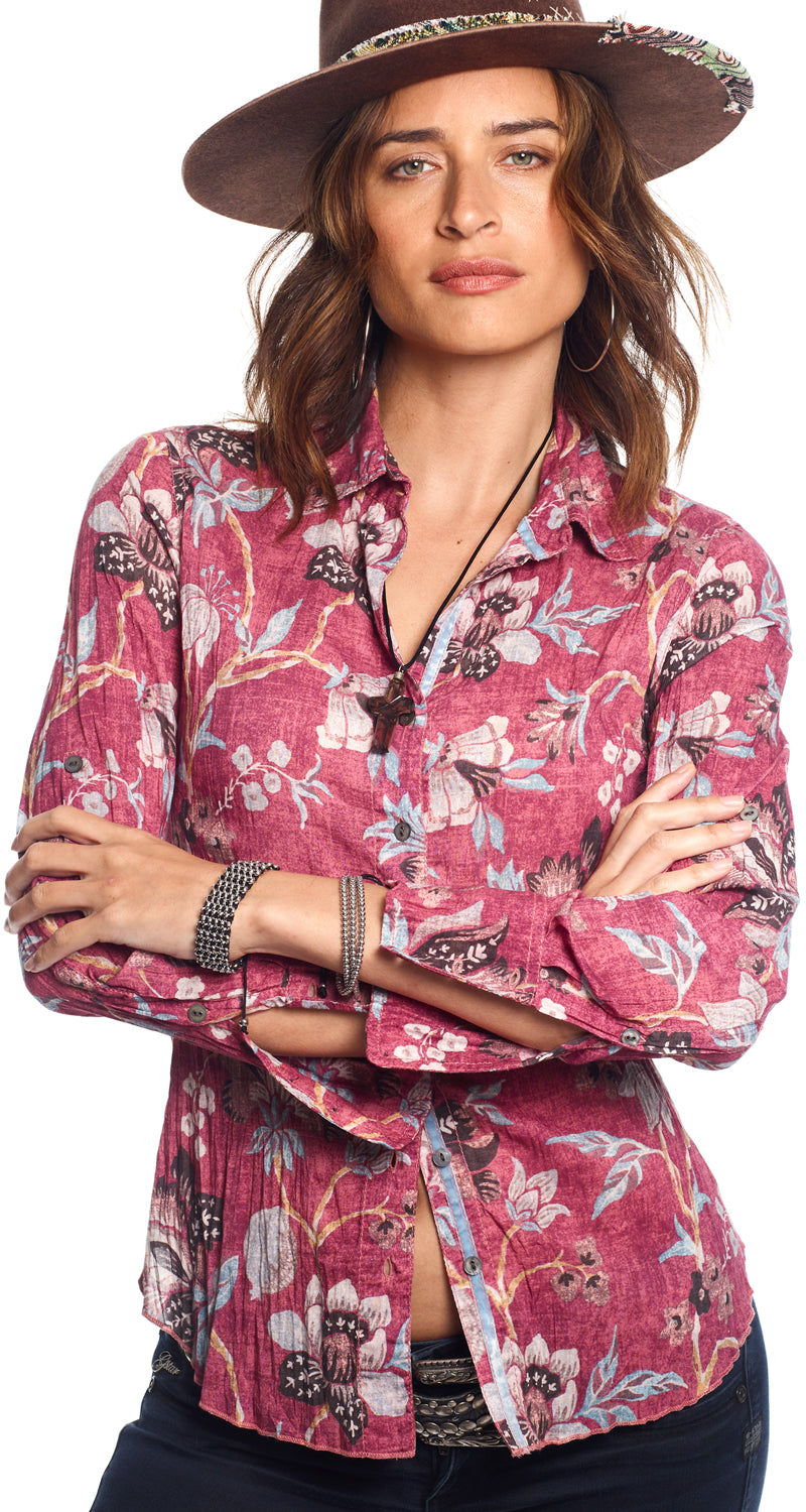 A model wears a CINO Souk Floral Red button-down Shirt