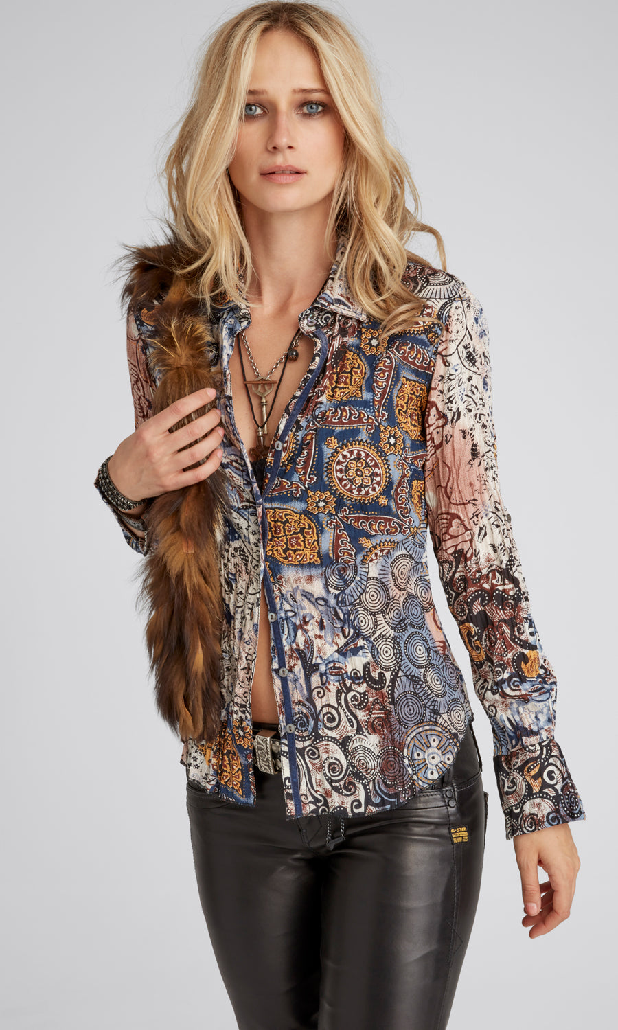 A model wears a CINO INDIGO ETHNIC button-down Shirt