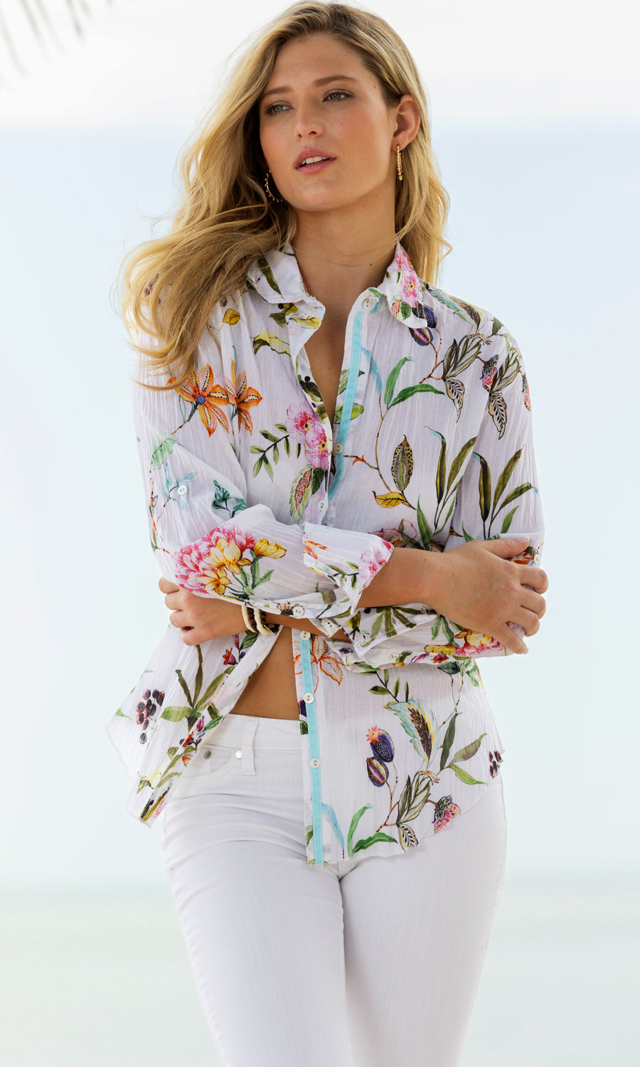 A model wears a CINO Botanica White button-down Shirt
