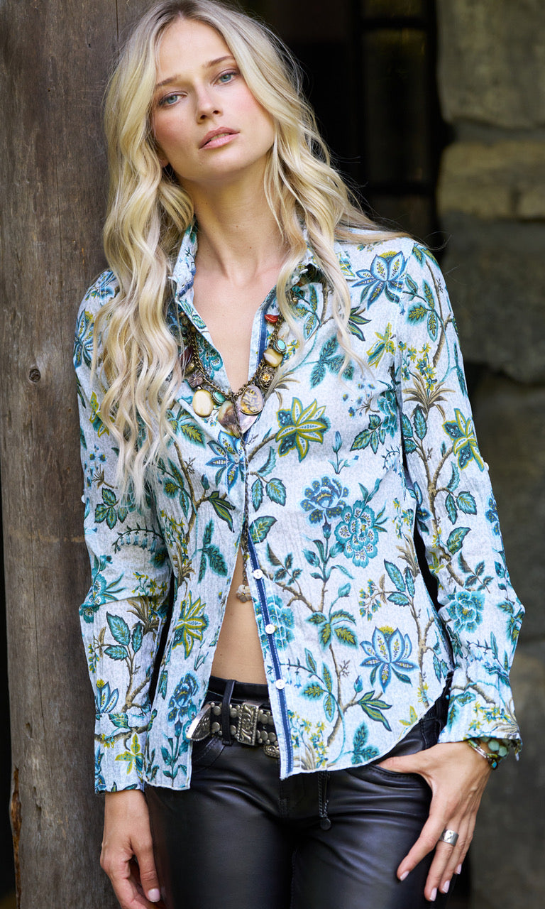 A model wears a CINO Emerald Forest button-down Shirt