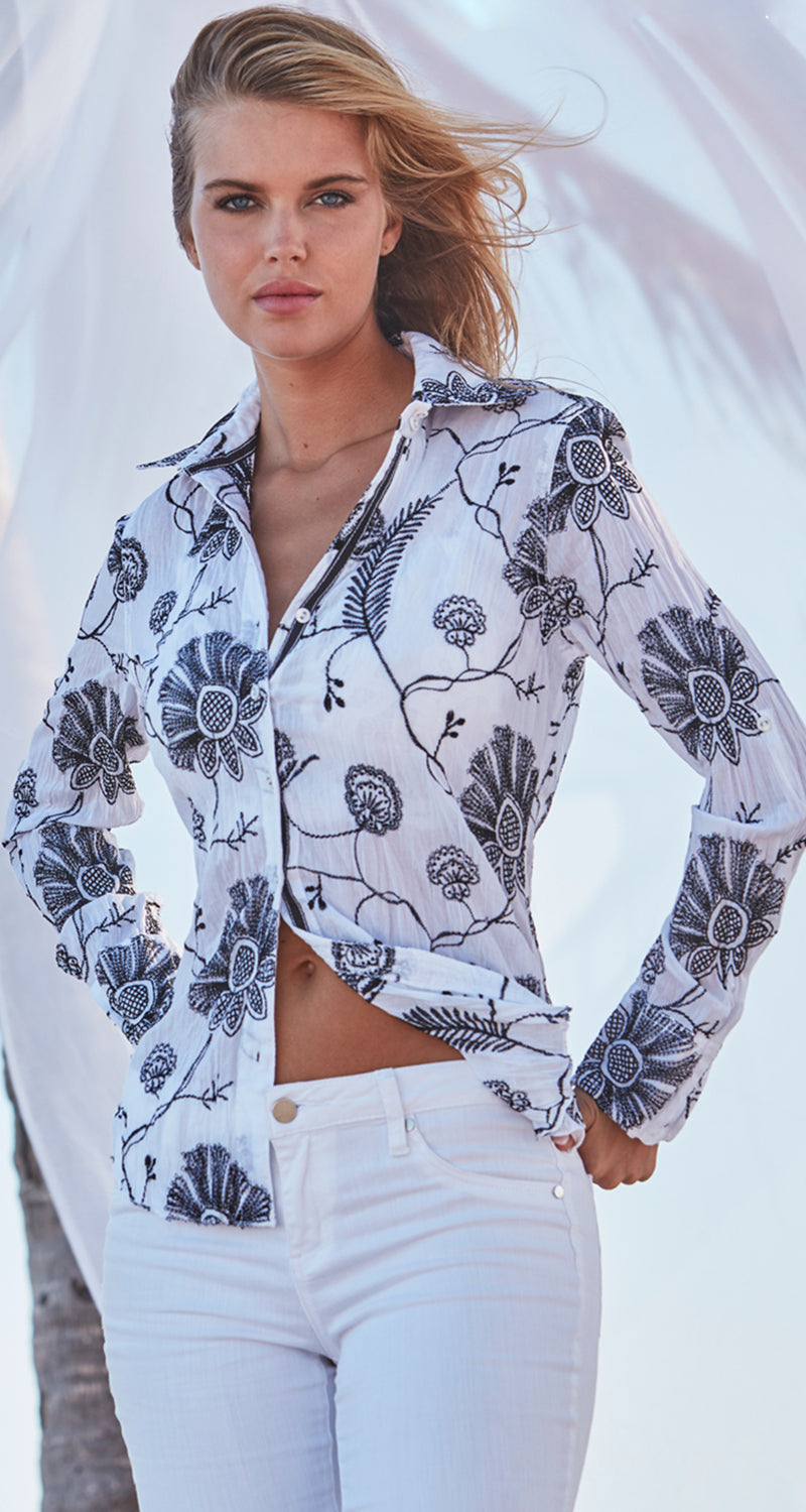 A model wears a CINO White/Black Lanaii Embroidered shirt