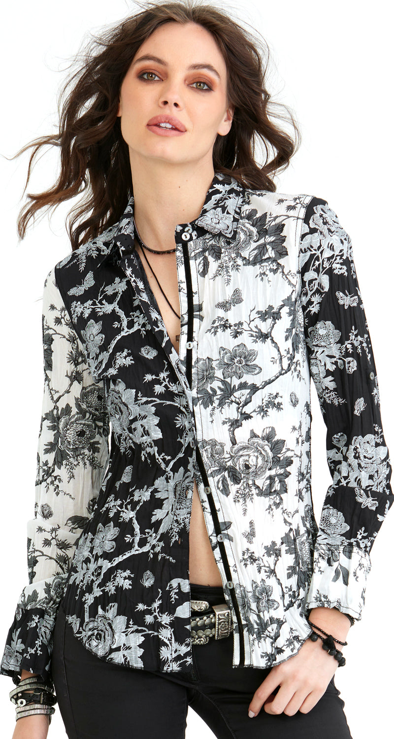 A model wears a CINO Toile Mix button-down Shirt