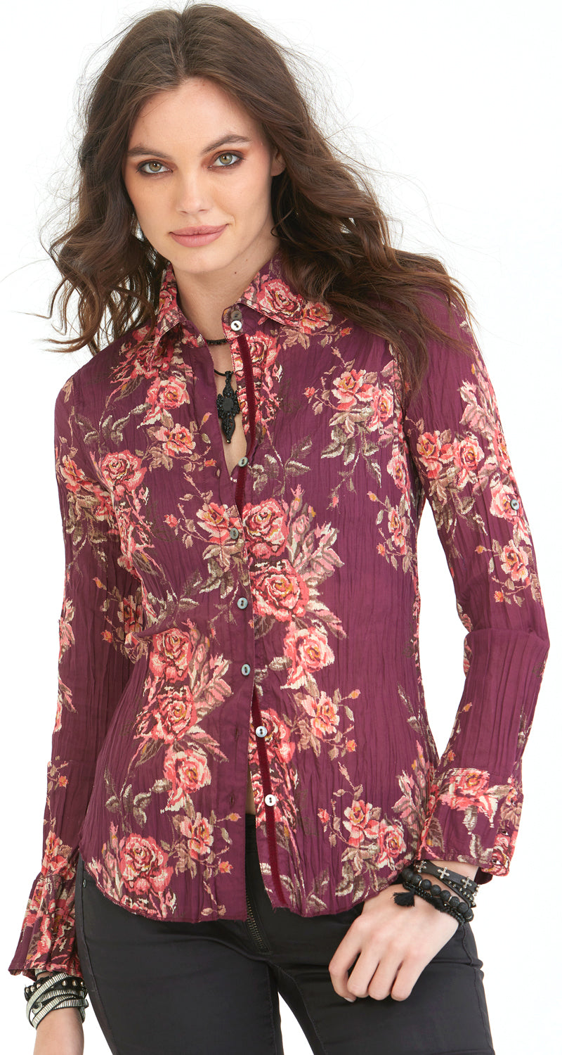 A model wears a CINO Garnet Tapestry Rose button-down Shirt