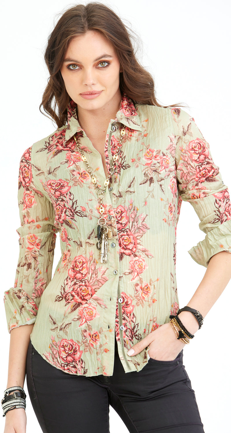 A model wears a CINO Lt Tarragon Tapestry Rose button-down Shirt