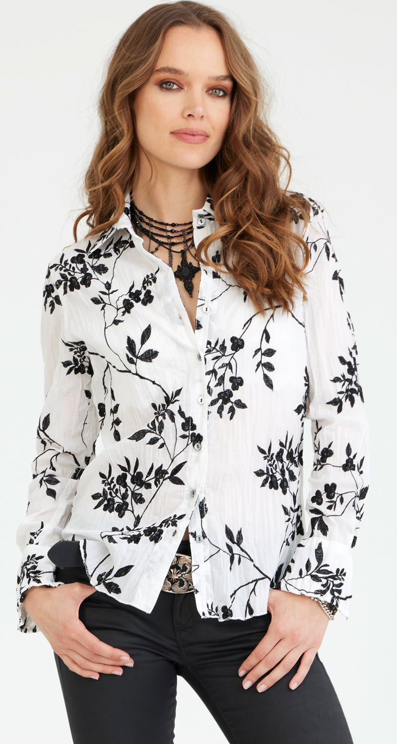 A model wears a CINO White Wisteria Embroidered button-down Shirt