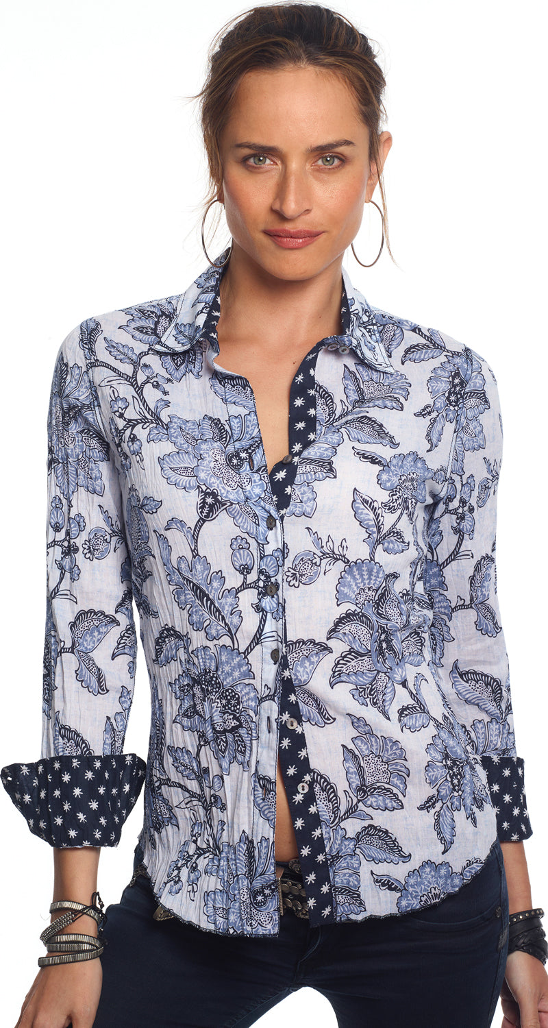 A model wears a CINO Vintage Blue Bali Batik button-down Shirt