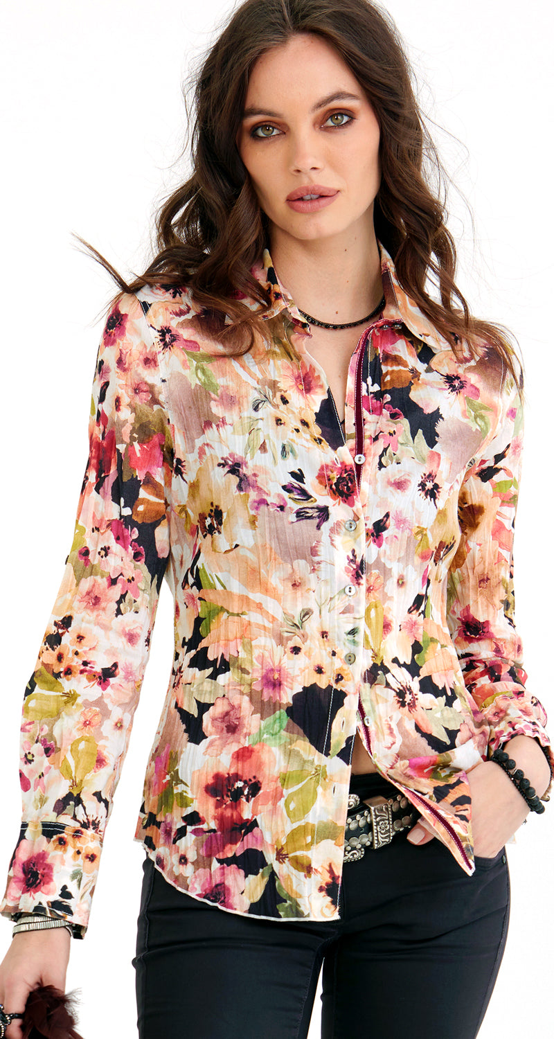 A model wears a CINO Coral Tuscan Floral button-down Shirt Edit alt textA model wears a CINO Coral Tuscan Floral button-down Shirt