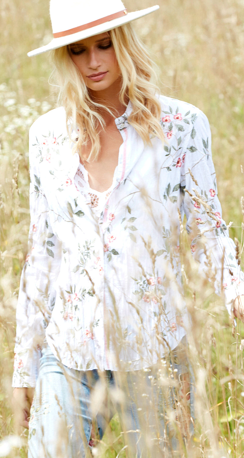 FRENCH WISTERIA EMBROIDERY WHITE/PINK BUTTON DOWN SHIRT