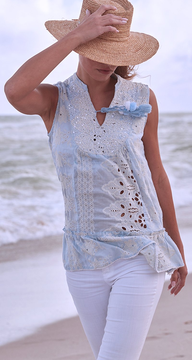 A model wears a CINO Vintage Maui LT Chambray Peplum tunic.