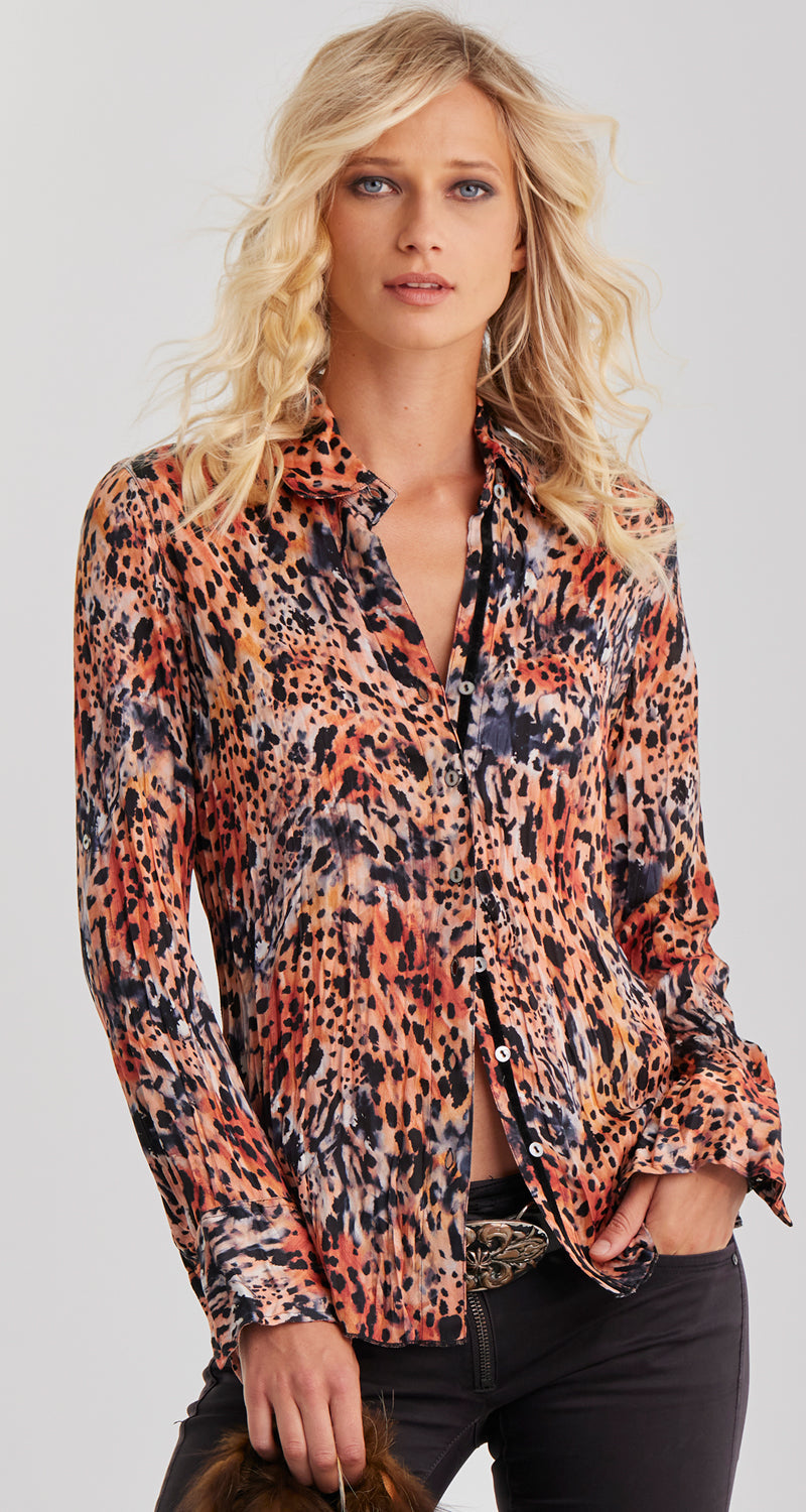 A model wears a CINO Black Cheetah button-down Shirt