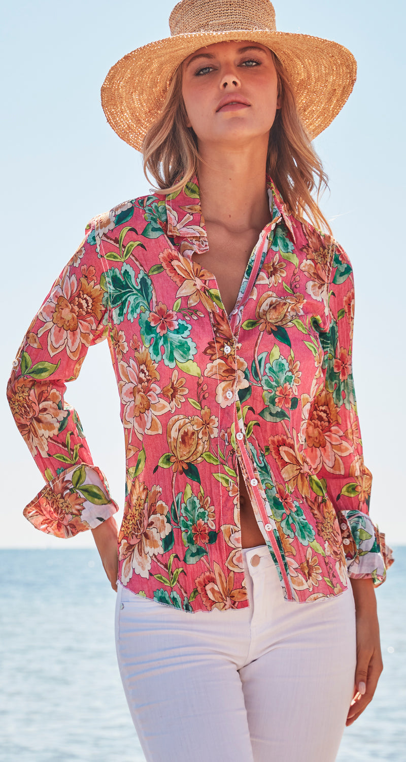 A model wears a CINO Coral Sardinia button-down Shirt