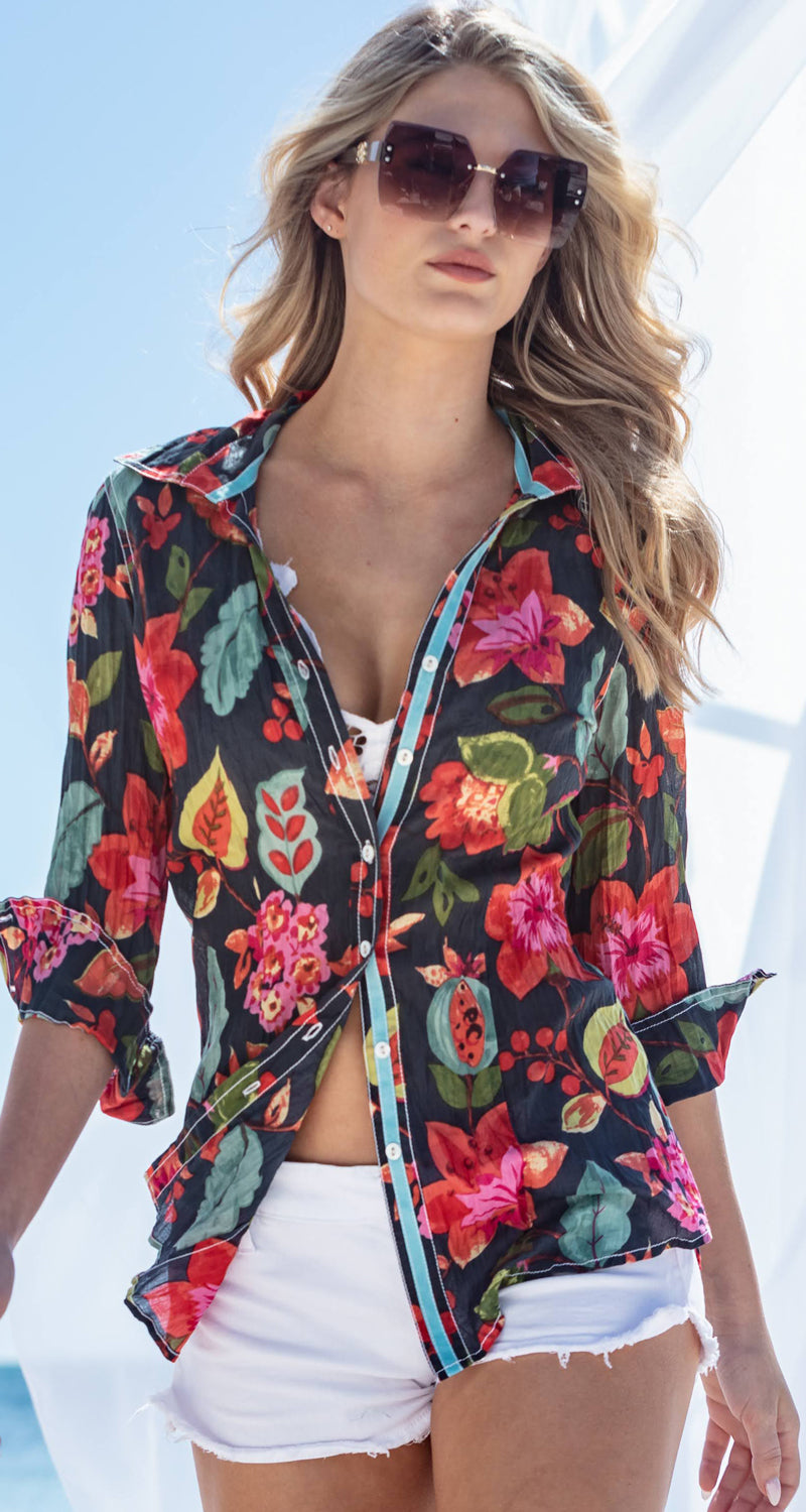 A model wears a CINO Midnite Tahiti button-down Shirt