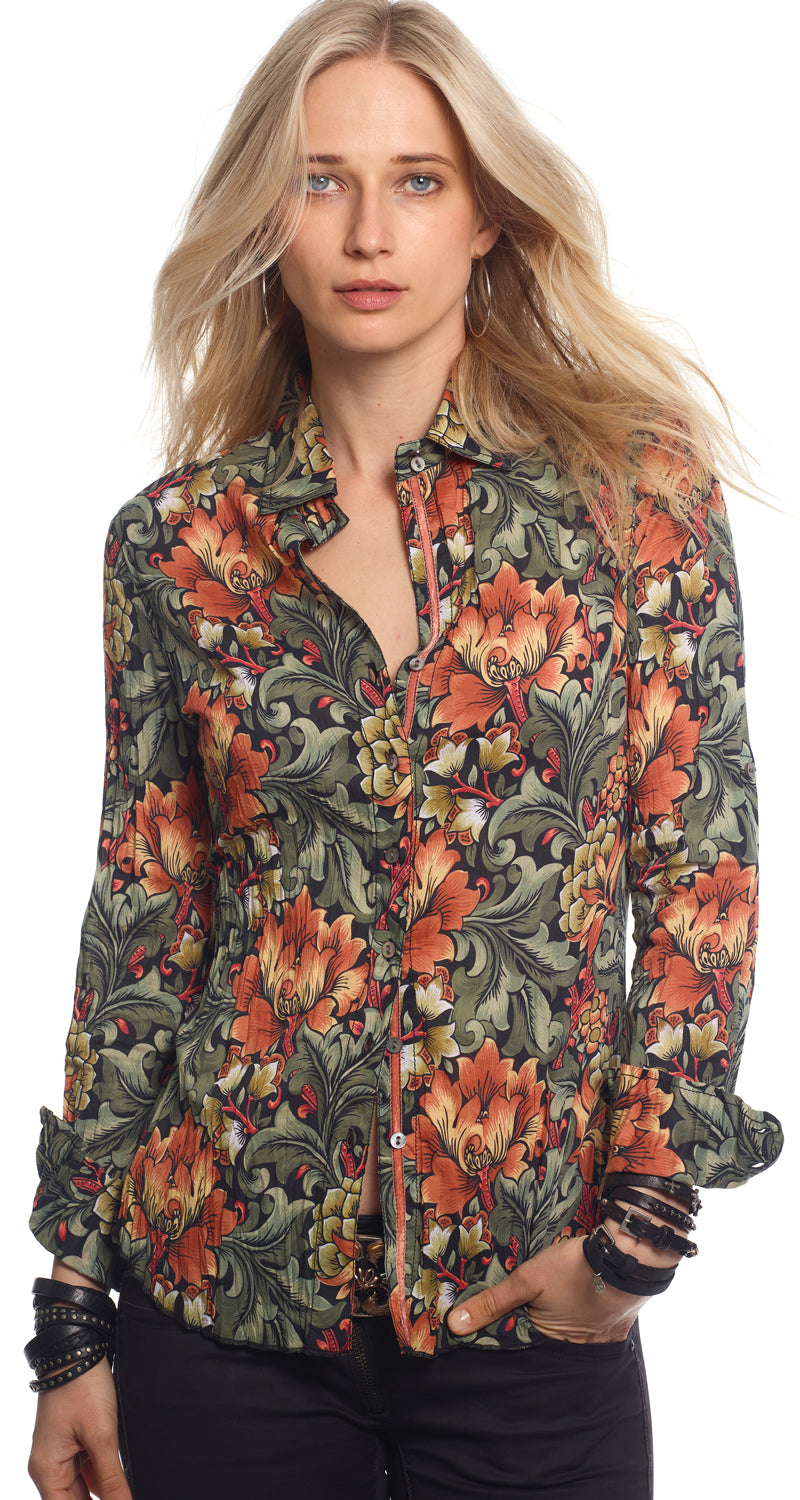 A model wears a CINO Tikal Papaya button-down Shirt