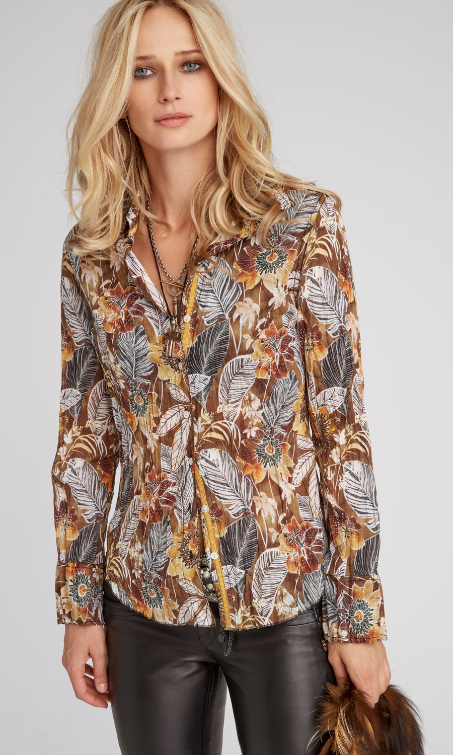 A model wears a CINO Havana Mocha button-down Shirt