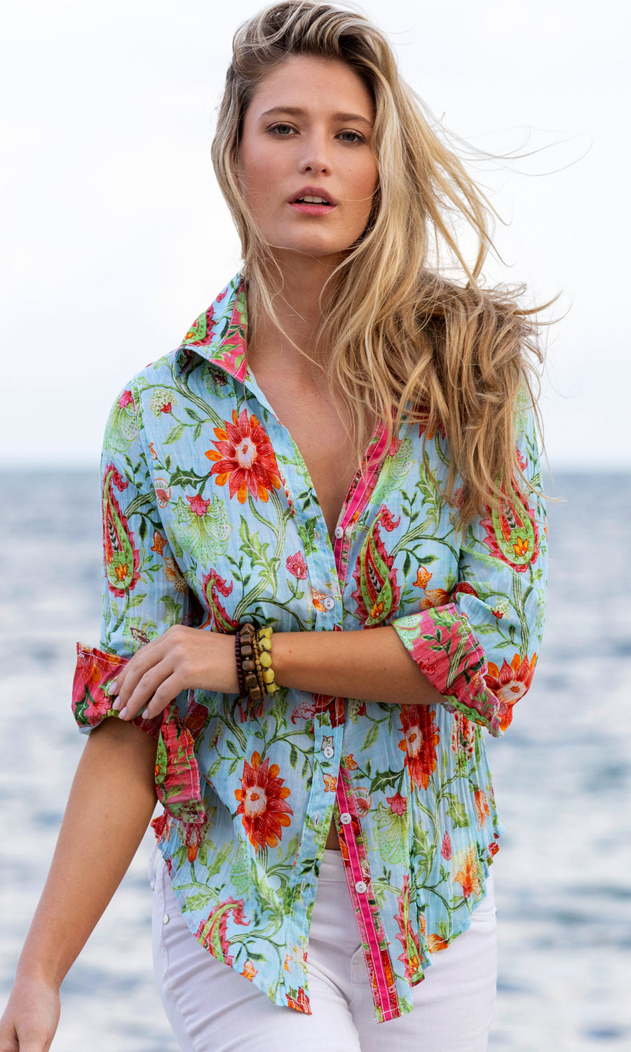 A model wears a CINO Citrus Floral Pale Aqua button-down Shirt