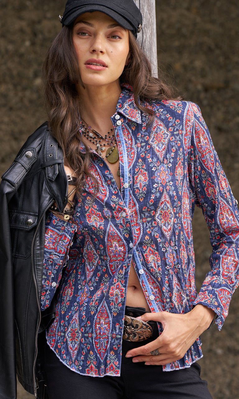 A model wears a CINO Indigo Navajo button-down Shirt