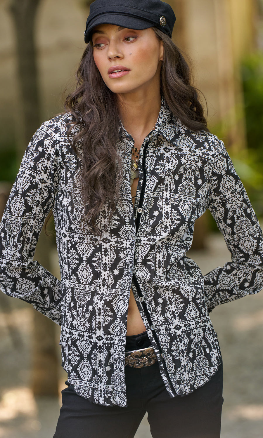 A model wears a CINO India Woodblock  button-down Shirt