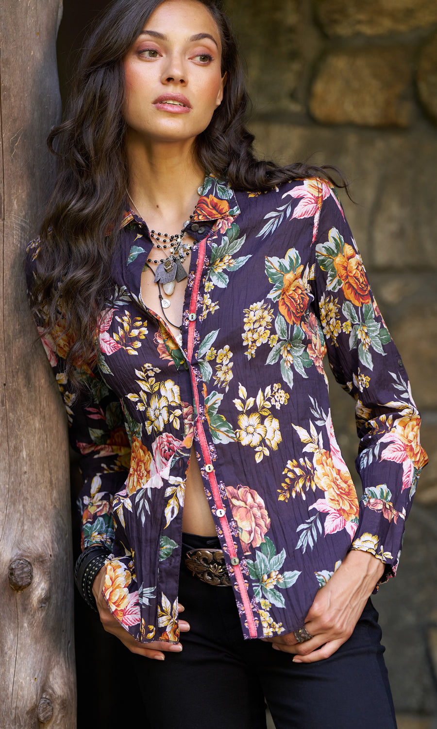 A model wears a CINO Costa Flora Aubergine button-down Shirt