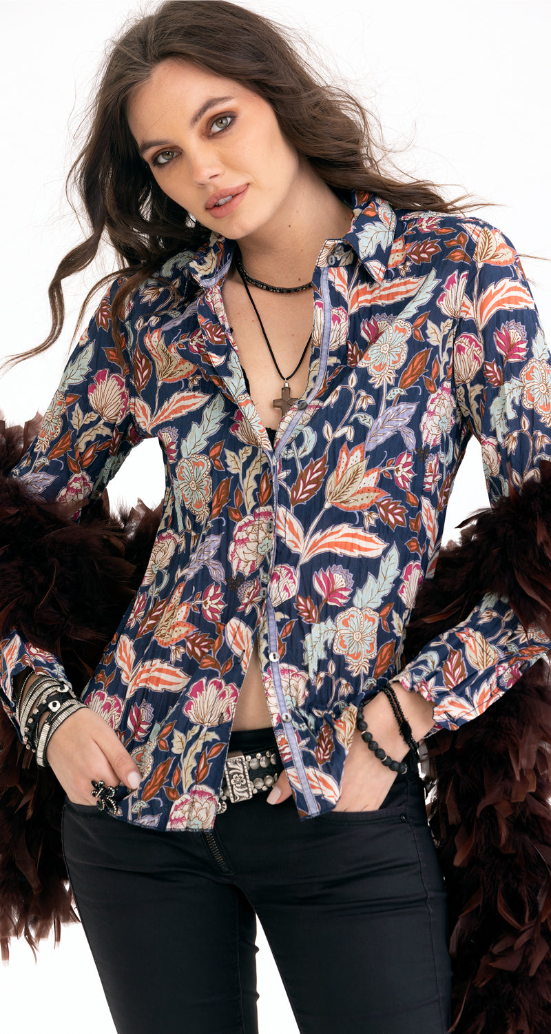 A model wears a CINO Indigo Art Nouveau Floral button-down Shirt