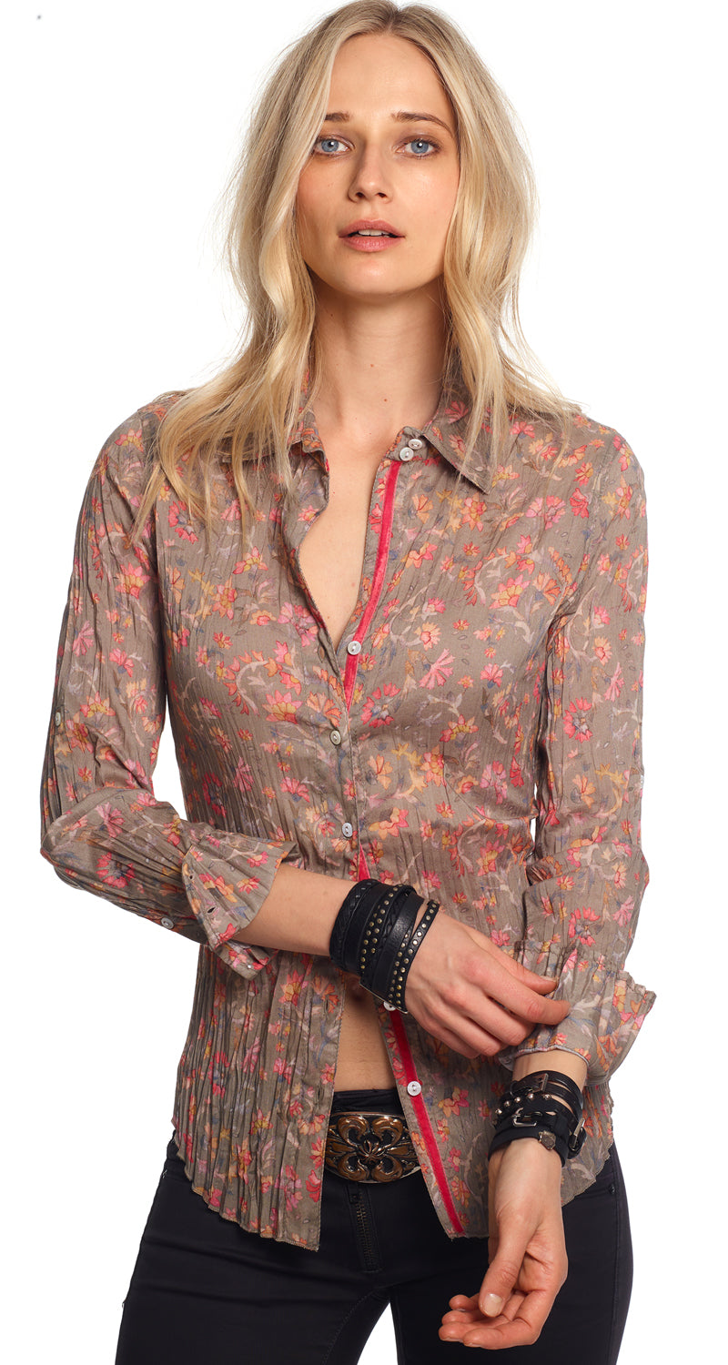 A model wears a CINO Moroccan Floral Taupe button-down Shirt