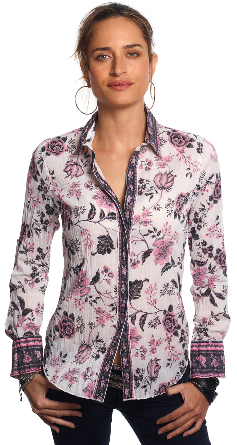 A model wears a CINO Tunisia Pink Mix button-down Shirt