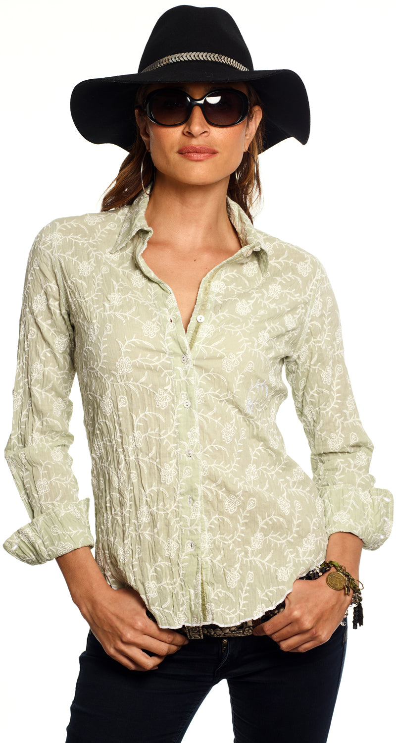 A model wears a CINO Trellis Soft Tarragon Embroidered button-down Shirt