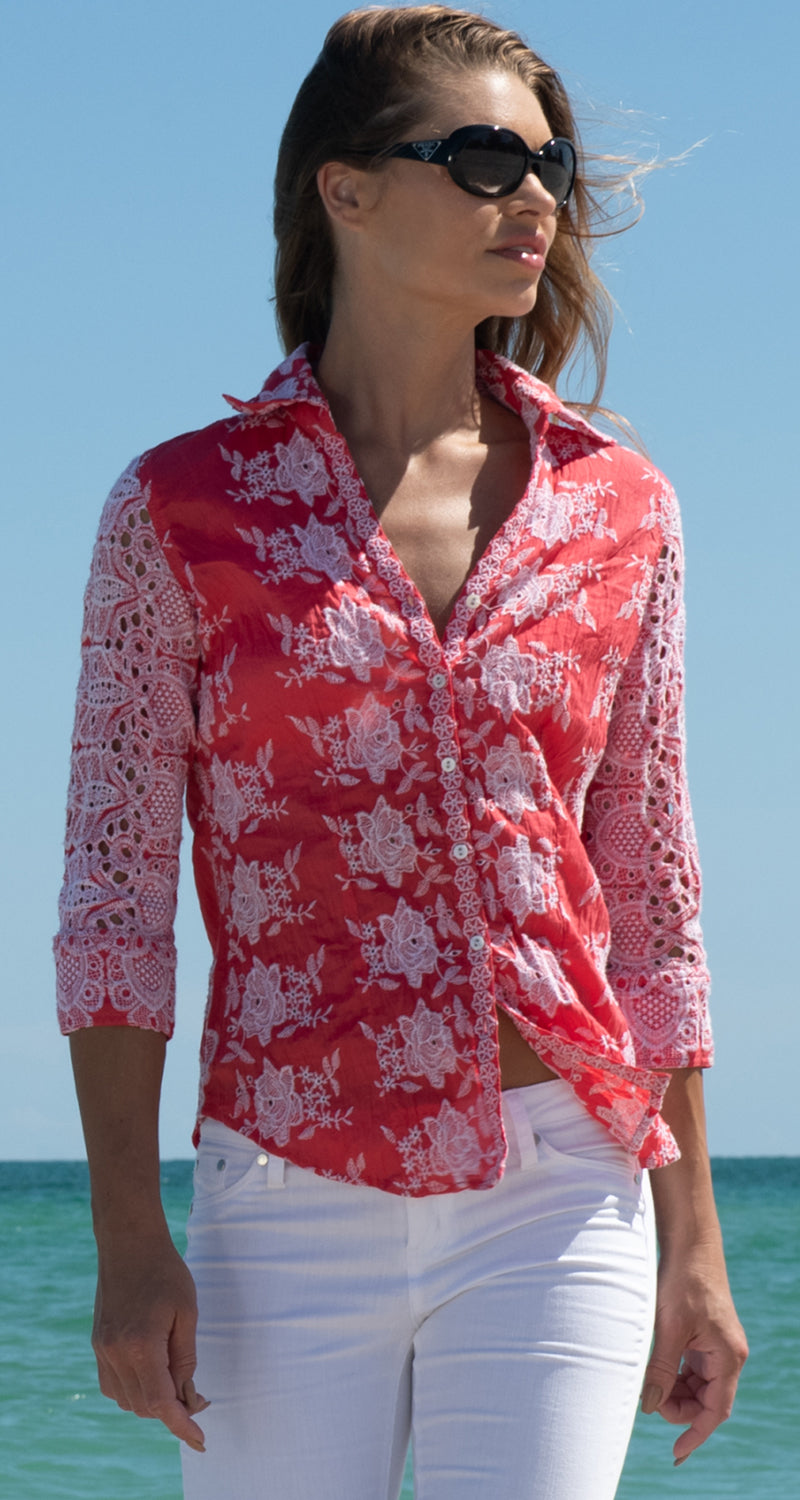 A model wears a CINO Vintage Maui Coral Button Down Shirt.