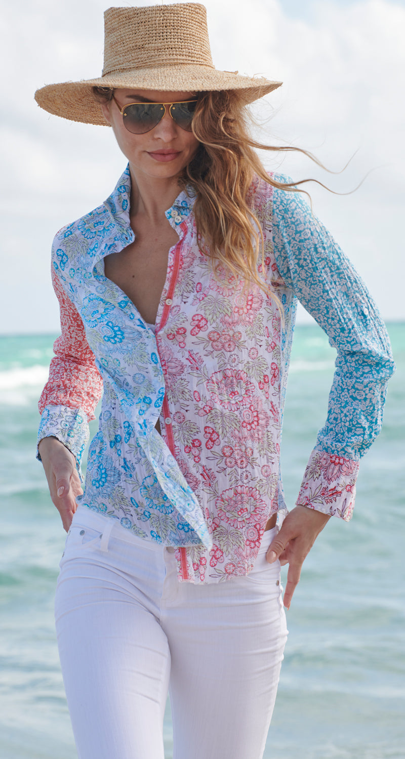 A model wears a CINO Maldives Mix Geranium button-down shirt.