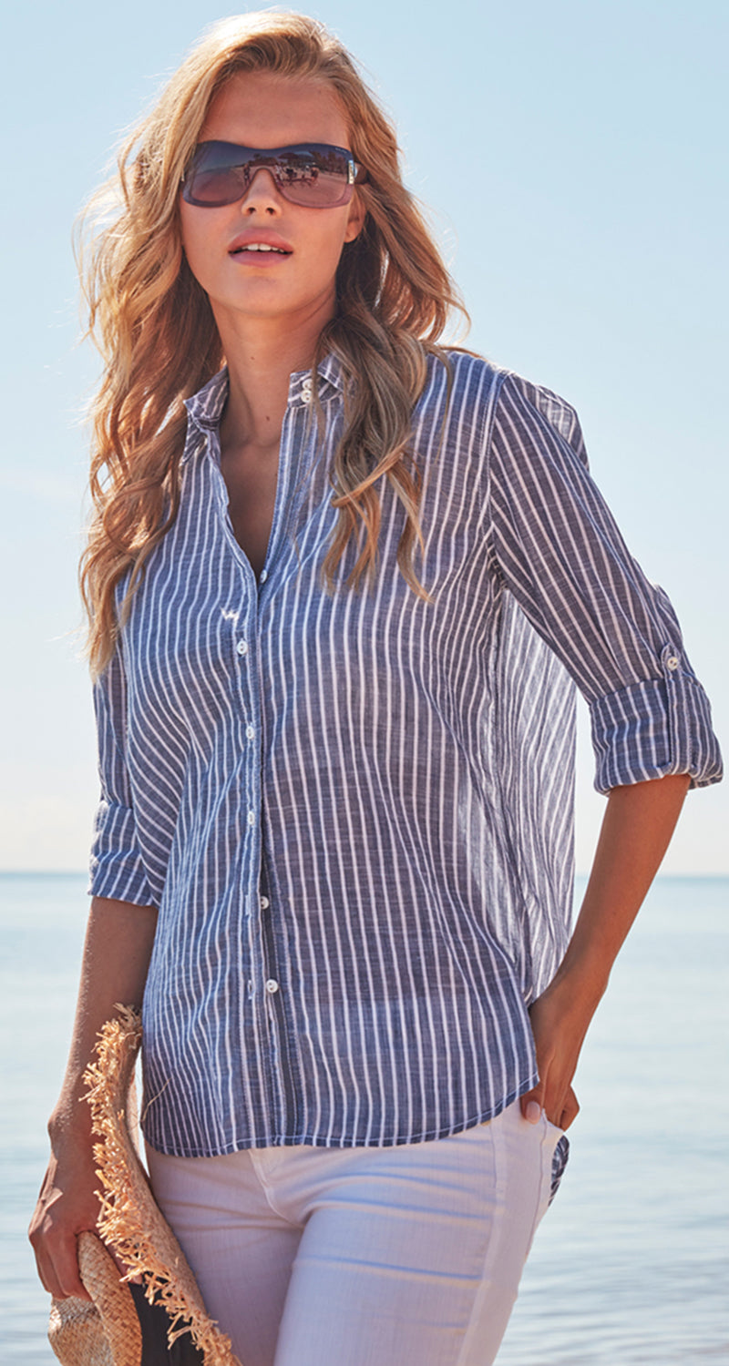 A model wears a CINO Capri Stripe button-down Boyfriend Shirt