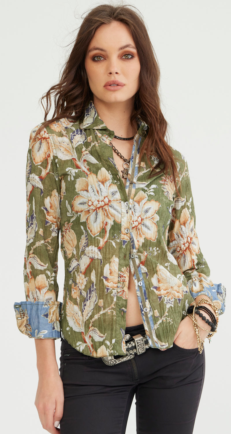 A model wears a CINO Tarragon Floral button-down Shirt