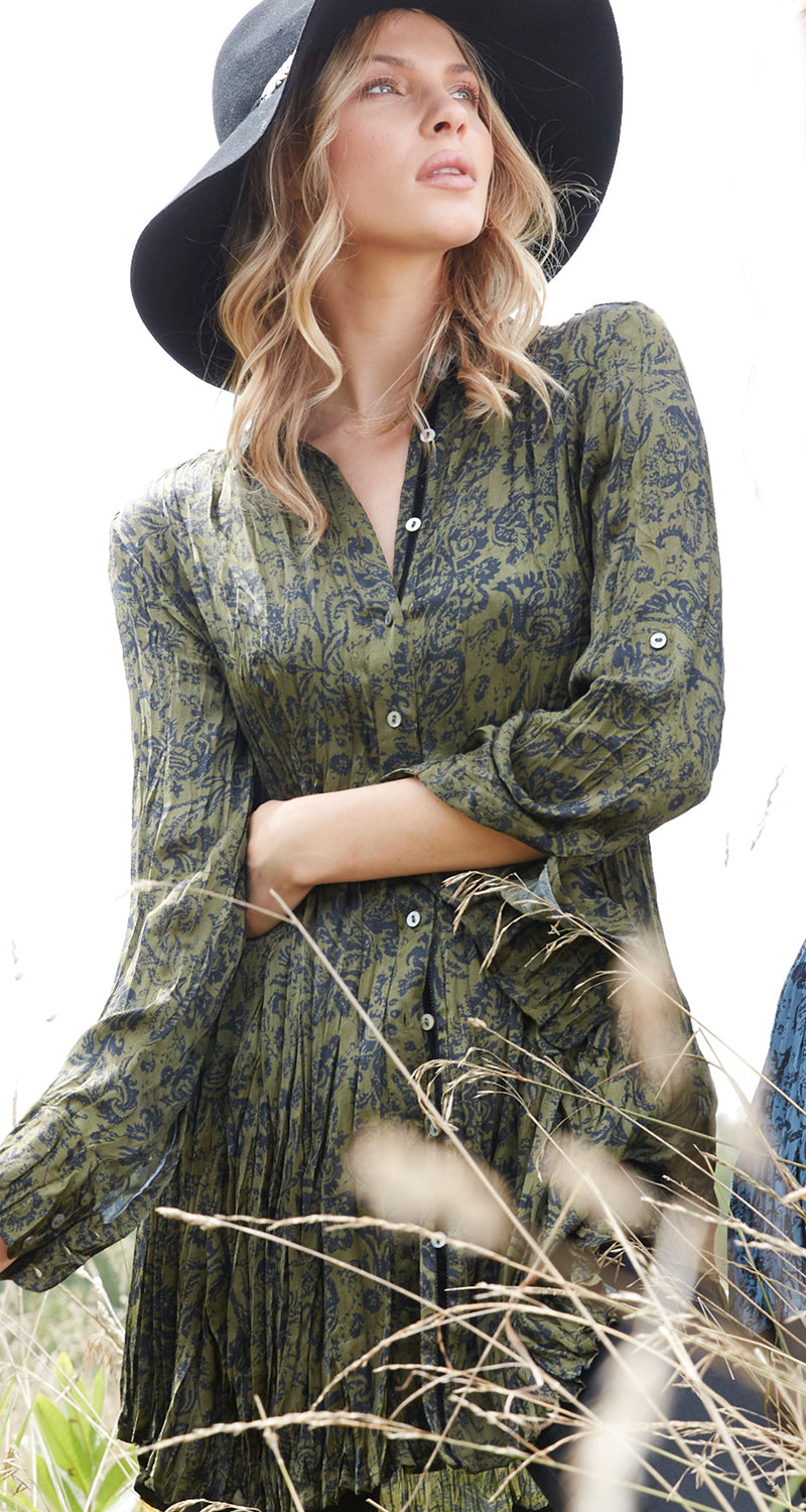 DAMASK OLIVE BUTTON DOWN TUNIC